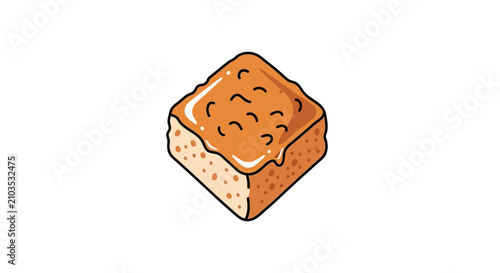 Square piece of bread or cake with brown topping, illustrated in cartoon style on a white background.
