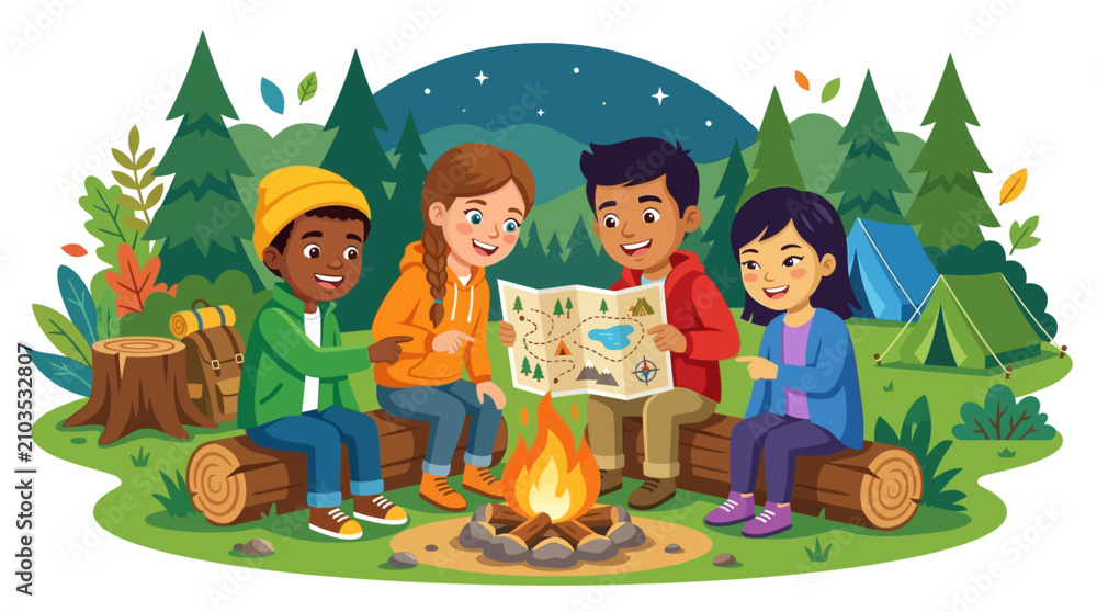 Fototapeta premium A diverse group of four happy children sits around a glowing campfire in a forest setting while looking at a map together.