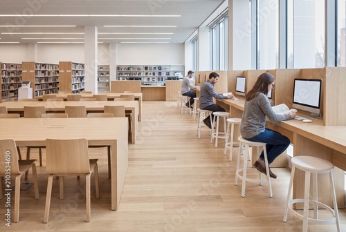 Naturally illuminated organized library computer study area with public computer workstations and surrounding book stacks for academic technology and focused work