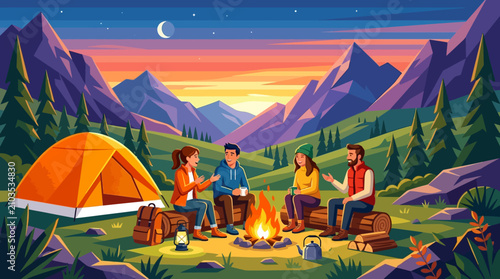 A vector illustration of four friends sitting on logs around a glowing campfire in front of their tent at a mountain campsite during a beautiful sunset.