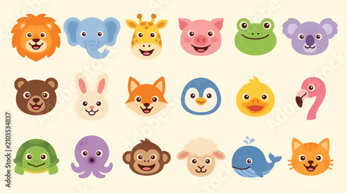 Canvas Print Set of Cute Cartoon Animal Faces Vector Icons, Including Lion, Elephant, Giraffe