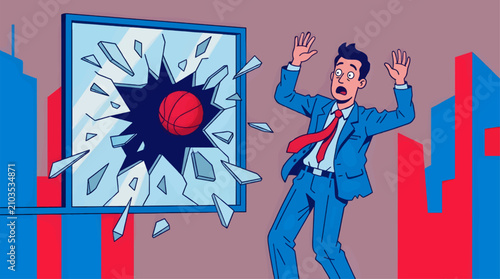 Schilderij op canvas Surprised Businessman Reacts to Basketball Shattering Office Window, Abstract Ci