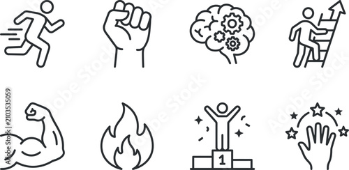 Motivational icon set running strength success and mental power line art illustrations