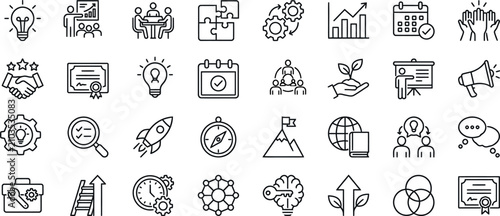 Business and innovation icon set strategy growth collaboration and technology concepts in linear style