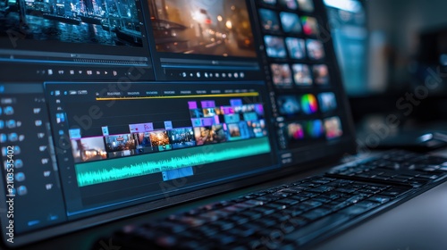 A close-up of a computer screen and keyboard showing video editing software with multiple tracks and preview windows.