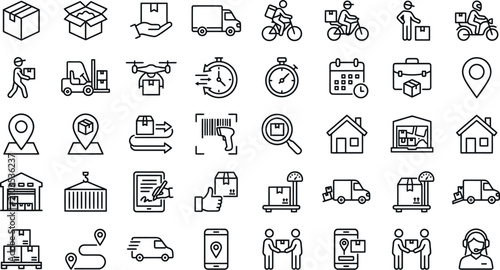 Logistics and delivery icons set streamlining supply chain shipping and last mile distribution solutions
