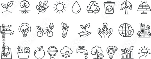 Eco friendly line icons set sustainability renewable energy and environmental conservation concepts