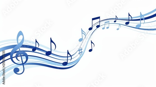 Flowing blue musical notes on a staff with a treble clef, symbolizing melody and rhythm in a dynamic, artistic design on a white background.