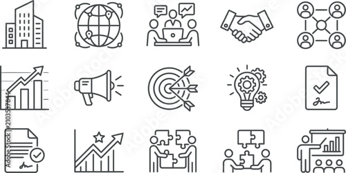 Foto Business growth and strategy icon set global reach collaboration and successful