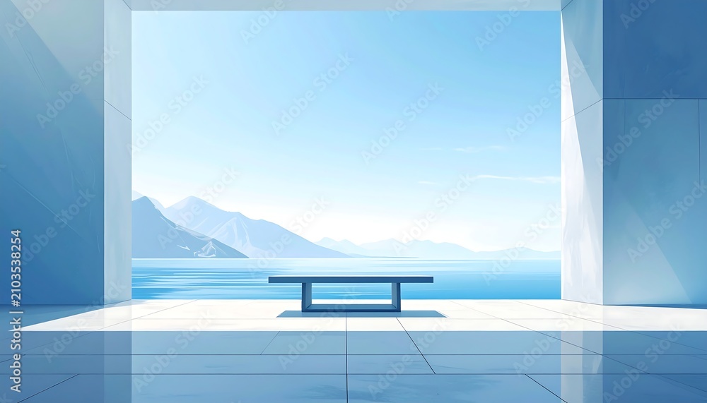 Fototapeta premium Modern minimalist terrace with a bench overlooking a calm blue lake and mountain range landscape