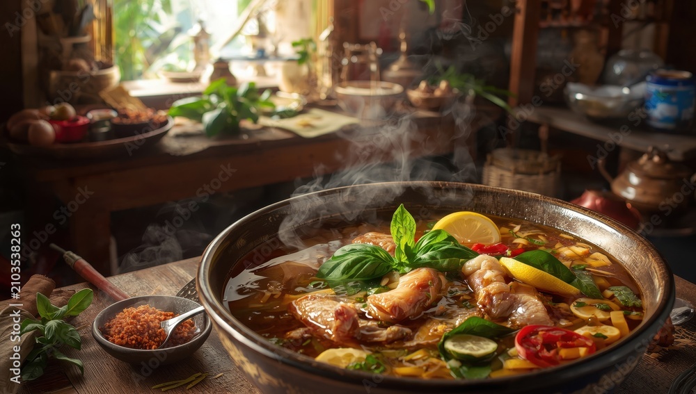 Fototapeta premium Sour soup with fish intestines. Thai dish.