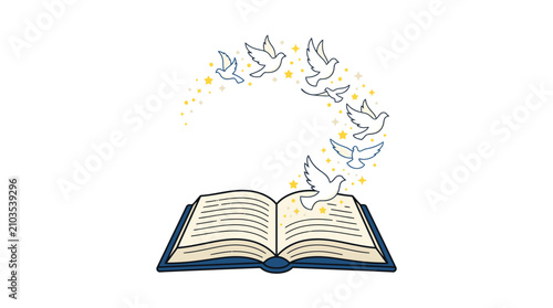 Magical illustration of an open book with white doves flying out and sparkling golden stars symbolizing imagination