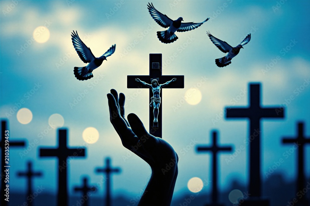 Obraz premium Human hand holds crucifix with Jesus. Pigeons fly near cross symbols. Religion and faith concept, spiritual symbolism, hope and peace offering.