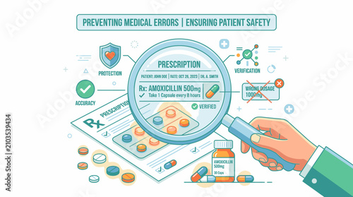 Magnifying glass inspecting prescription for patient safety and medical error prevention in healthcare pharmaceutical management