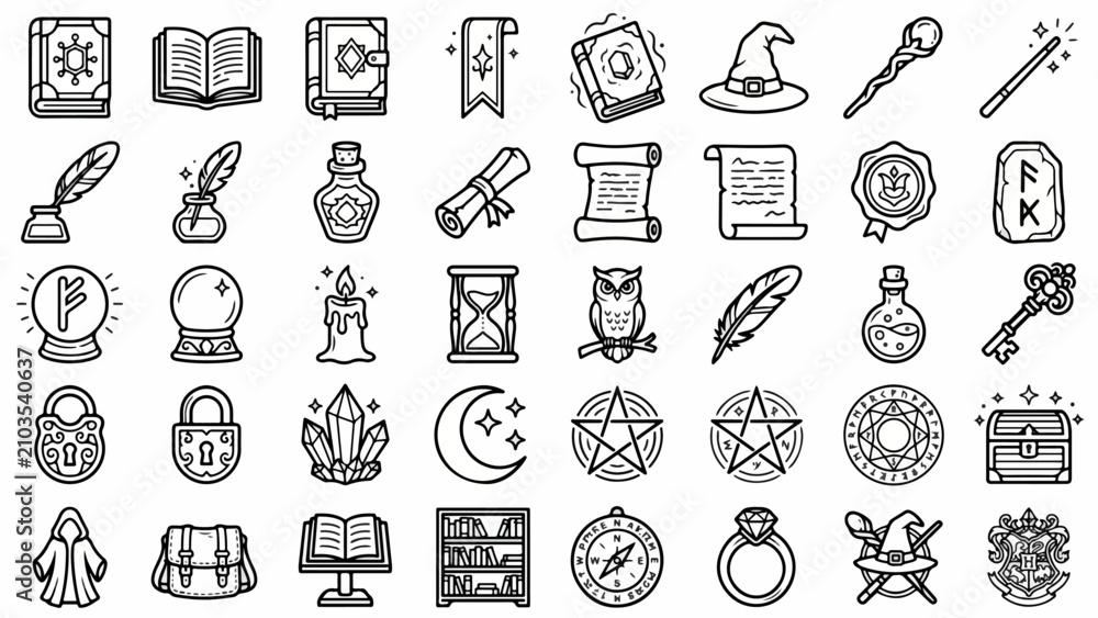 Naklejka premium Spell Book Wizard Icons: 36 Magical Library Symbols Grid Sheet for Arcane Fantasy & Grimoire Vector Design