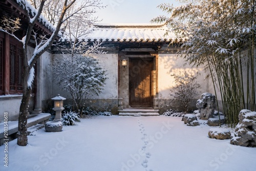 A tranquil courtyard covered in fresh snow with a line of footprints leading to a door.