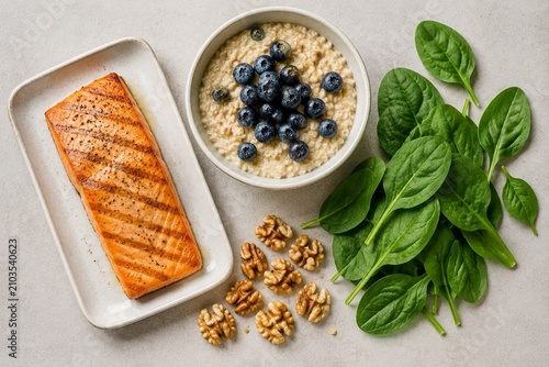 Salmon fillet, oatmeal with blueberries, walnuts and spinach on neutral background, clean eating concept.