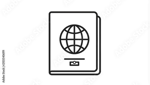 Luxury passport icon with a globe, elegant monoline outline vector illustration for travel and identification
