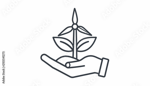 Minimalist black line icon of a hand holding a wind turbine with leaves for sustainable energy and eco friendly growth concept
