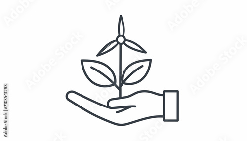 Hand holding plant with wind turbine icon for sustainable renewable energy and eco friendly concept line vector illustration