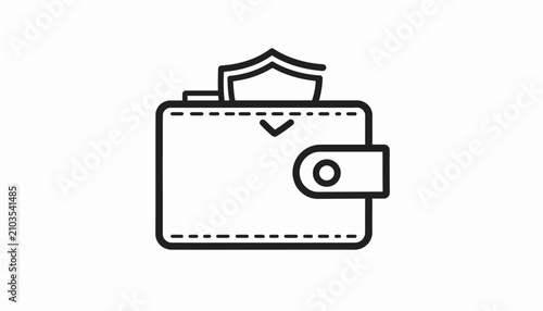 Minimal black line vector icon of a secure wallet with a shield symbol for financial safety