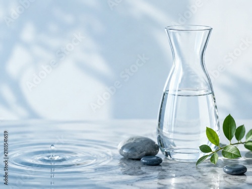 Water conservation still life with glass carafe and stones