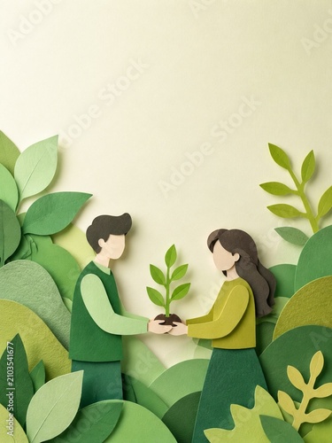 Fictional people exchanging a plant in paper cut art