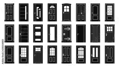 Black and White Line Art Collection of Various Modern Door Designs