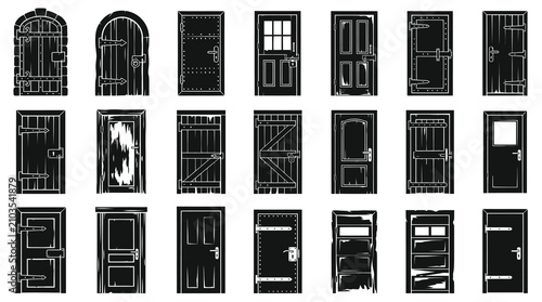 Diverse Architectural Doors Black and White Glyphs Icon Set for Construction and Home Design Projects