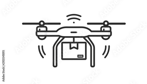 Minimal black line vector icon of autonomous drone delivery service carrying package box for fast air express logistics transport