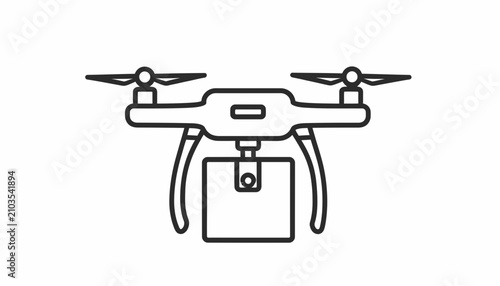 Minimal black line vector icon of autonomous drone delivery service carrying package