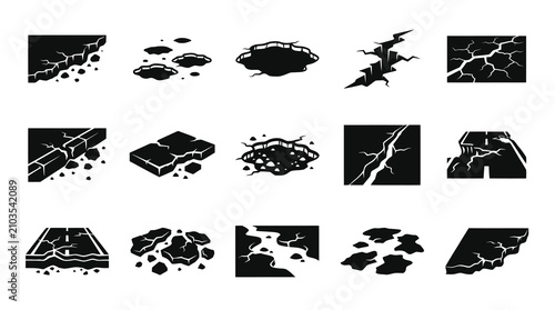 Black  White Glyph Icons of Cracked Ground and Earth Damage