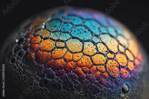 Extreme Macro View of a Soap Bubble Surface Exhibiting Stunning Iridescent Colors and Cellular Patterns