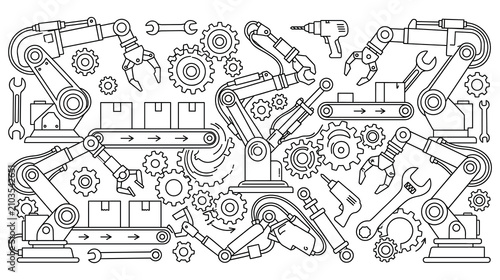Industrial line art banner with robotic arms, tools, gears, and factory conveyor production.