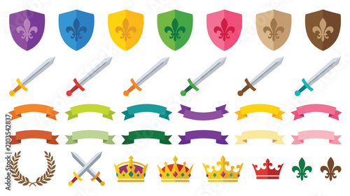 Konstfotografi Medieval royalty and heraldry symbols shields swords crowns ribbons laurel