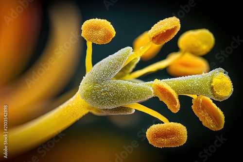 Extreme Macro View of Yellow Pollen Grains on Green Flower Stamen, Revealing Intricate Botanical Details