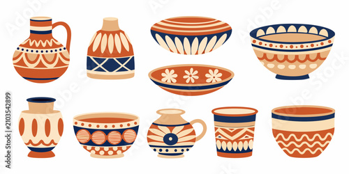 Bild auf Leinwand Collection Of Ceramic Vessels Illustrated Vector Style On White Background