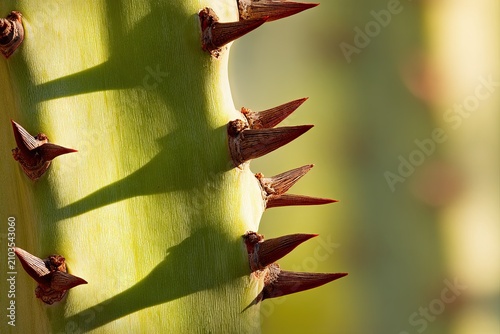 Intricate close-up of sharp cactus spines and their dramatic shadows, showcasing natural detail and texture