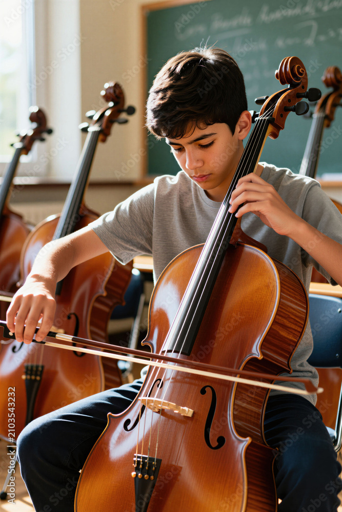 Naklejka premium Teenage student plays large cello in classroom during music class rehearsal. Young boy concentrates on classical instrument strings with wooden bow. Practice session in school education setting