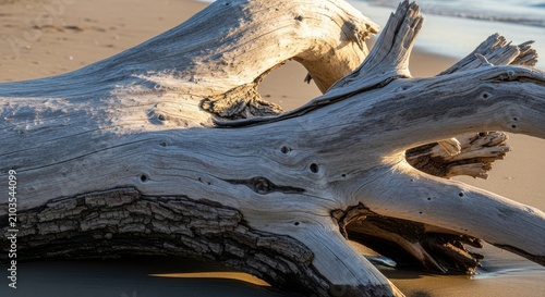 Sun Bleached Driftwood Washed Ashore on Sandy Beach