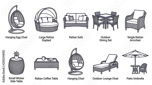 Fotografie Hand-Drawn Outdoor Furniture Collection Set