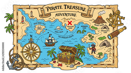 Bild auf Leinwand Pirate Treasure Map Adventure Illustration