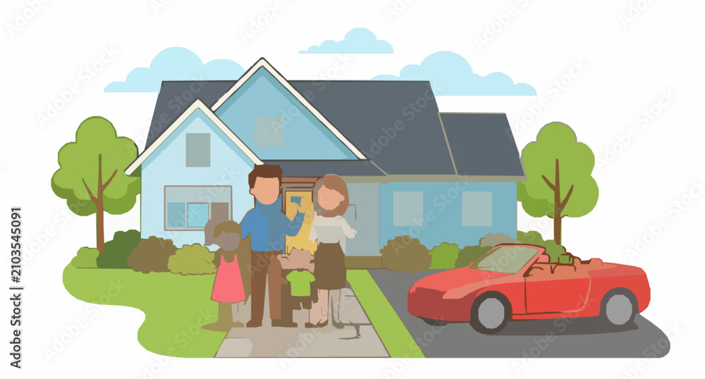 Naklejka premium Happy Family Home and Convertible Car Flat Cartoon Vector Illustration