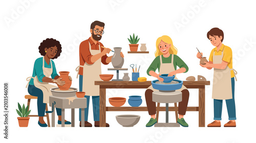 People learning pottery making in a creative workshop class