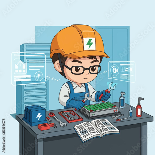Chibi technician in an orange hard hat and glasses repairing an electronic circuit board with tools on a workbench featuring digital holograms and technical manuals in a workshop.