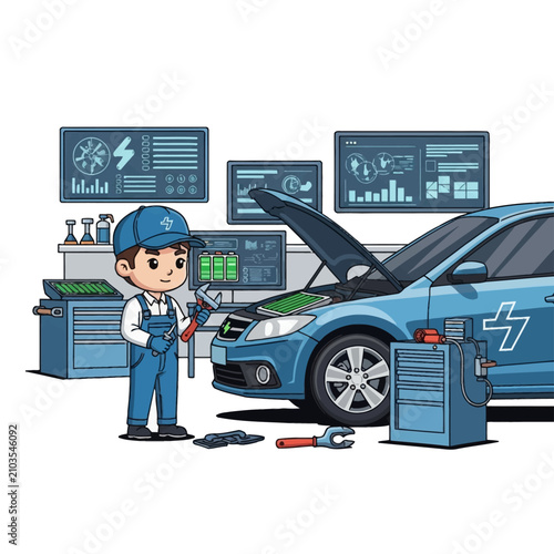 Chibi male mechanic in blue uniform holding wrench next to electric car with open hood in modern diagnostic garage with data screens and tools, vector illustration.
