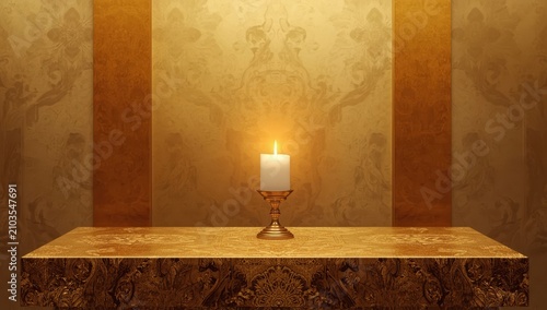 The golden candle flickers by the altar.