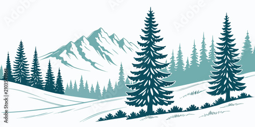 Konstfotografi Snowy alpine evergreen trees cluster against mountain backdrop, flat color