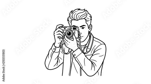 Man holding vintage camera, looking through viewfinder