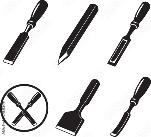 Foto Chiseling Tools Black Silhouette Vector Icon Set Wood Cold Mortise Masonry and S